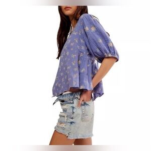 NWT Free People Chloe Femme Billowy Sleeve Floral Blue Top Blouse Puff Sleeves